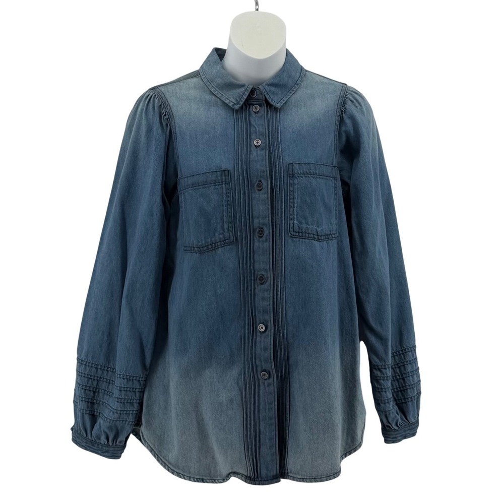 American Eagle 100% Cotton Denim Pintuck Puff Sleeve Western Boho Shirt Women XS